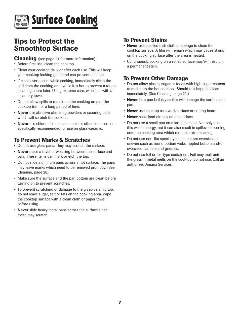 Surface cooking, Tips to protect the smoothtop surface, Cleaning | Amana 8113P454-60 User Manual | Page 8 / 84