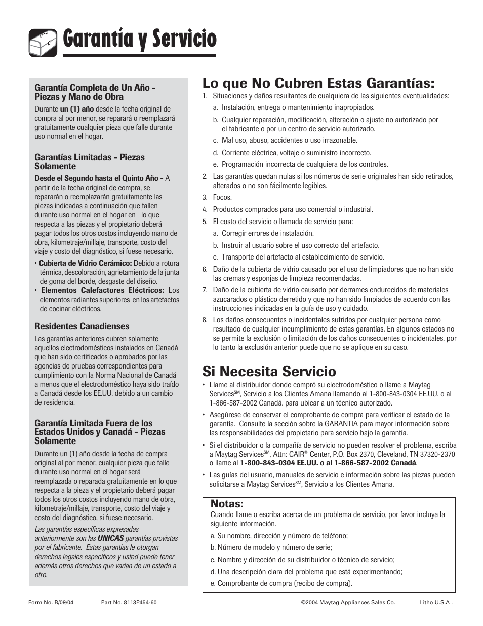 Garantía y servicio, Lo que no cubren estas garantías, Si necesita servicio | Notas | Amana 8113P454-60 User Manual | Page 84 / 84