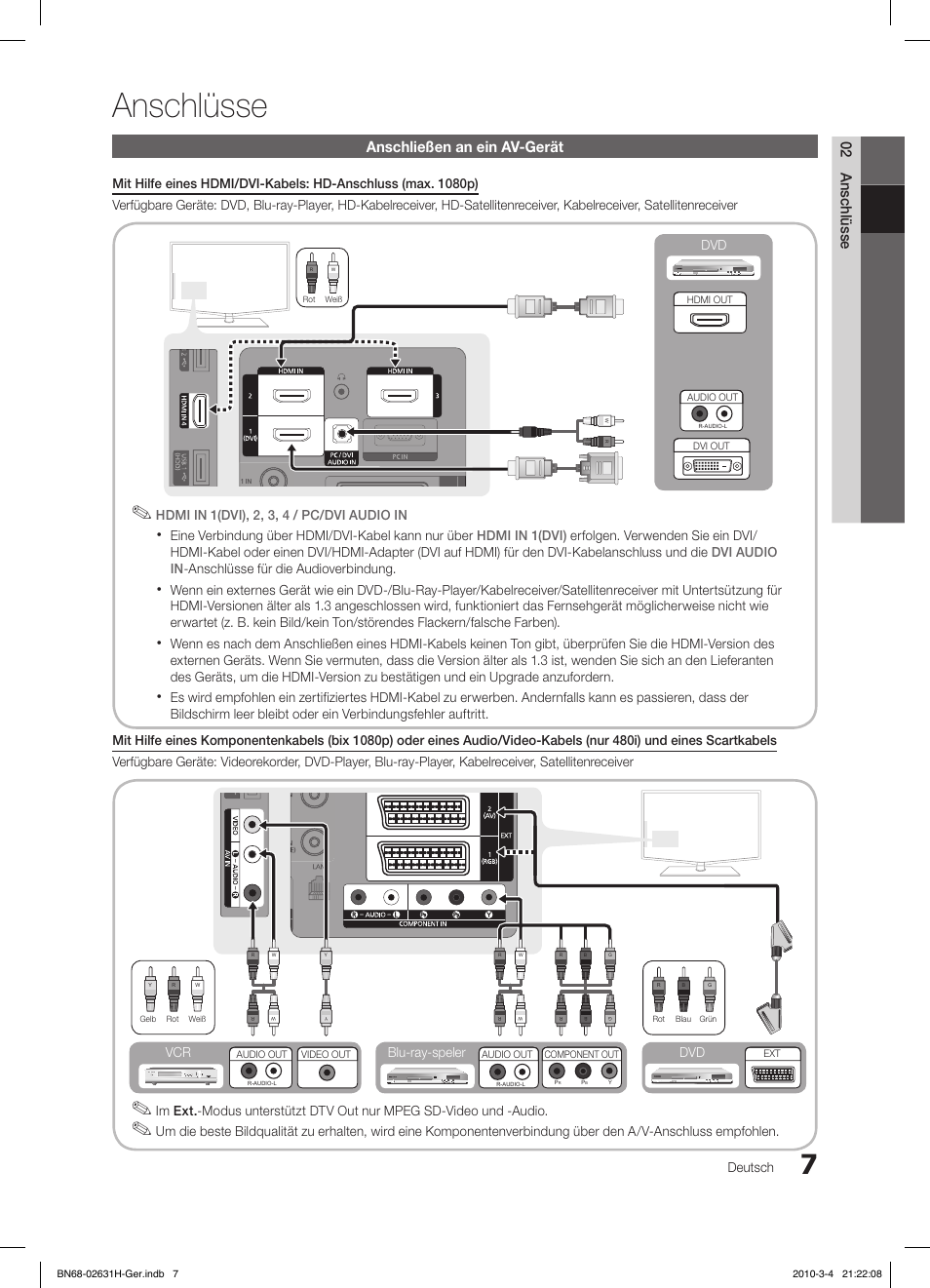 Anschlüsse, 02 anschlüsse, Anschließen an ein av-gerät | Deutsch, Eine verbindung über hdmi/dvi-kabel kann nur über, Blu-ray-speler dvd vcr | Samsung LE40C670M1Q User Manual | Page 116 / 164