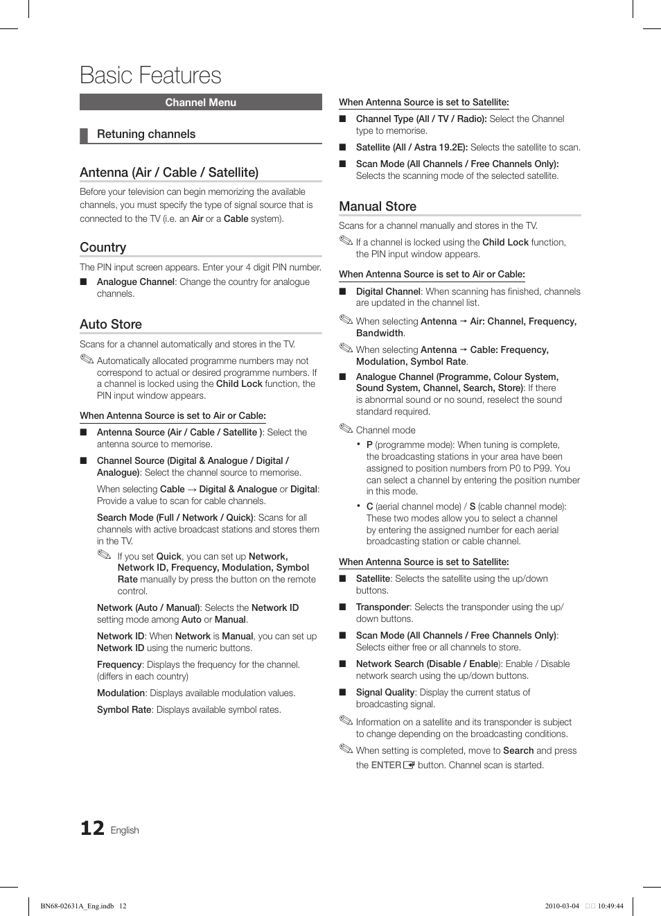 Basic features, Antenna (air / cable / satellite), Country | Auto store, Manual store | Samsung LE40C670M1Q User Manual | Page 12 / 164