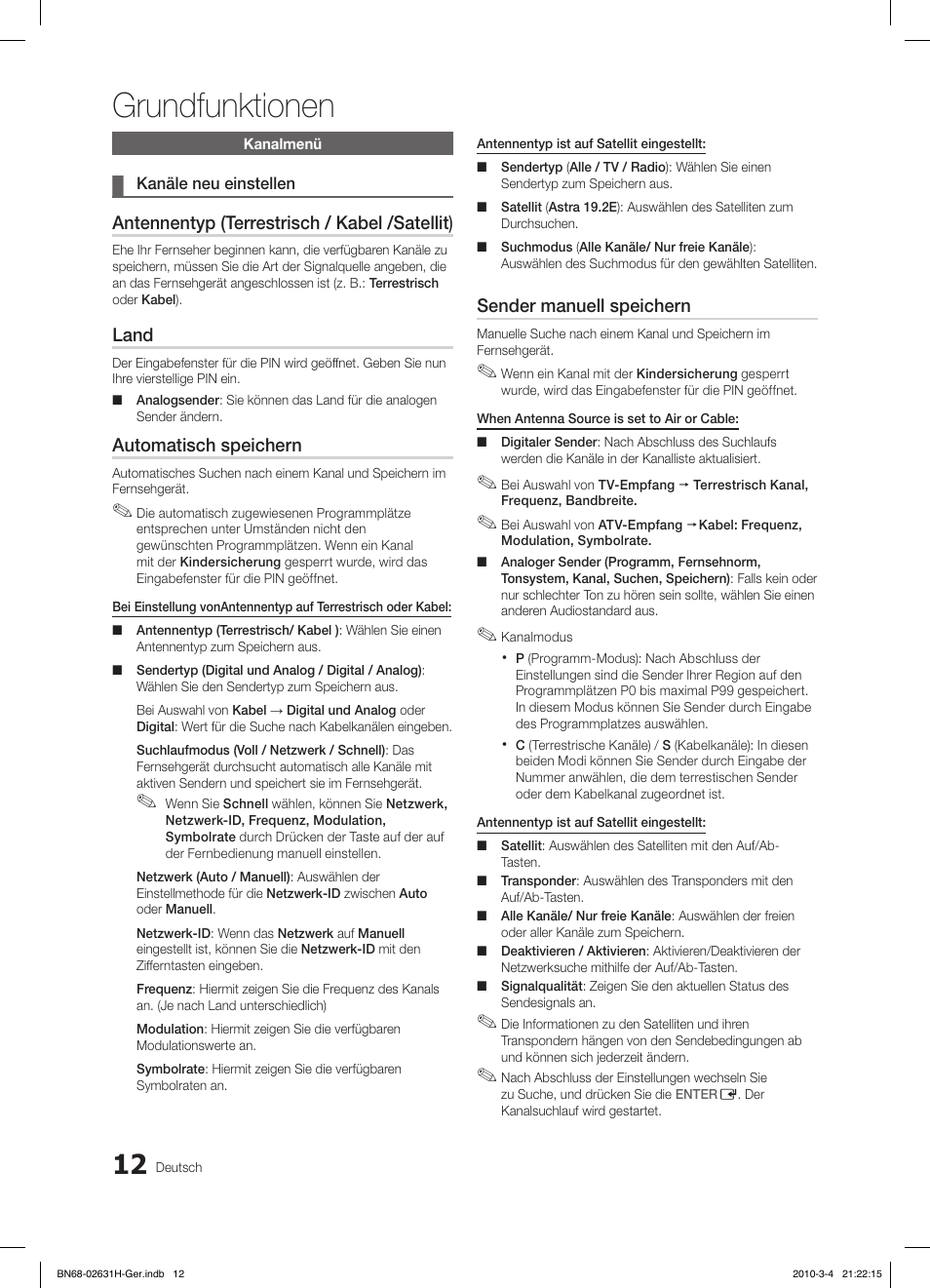 Grundfunktionen, Antennentyp (terrestrisch / kabel /satellit), Land | Automatisch speichern, Sender manuell speichern | Samsung LE40C670M1Q User Manual | Page 121 / 164