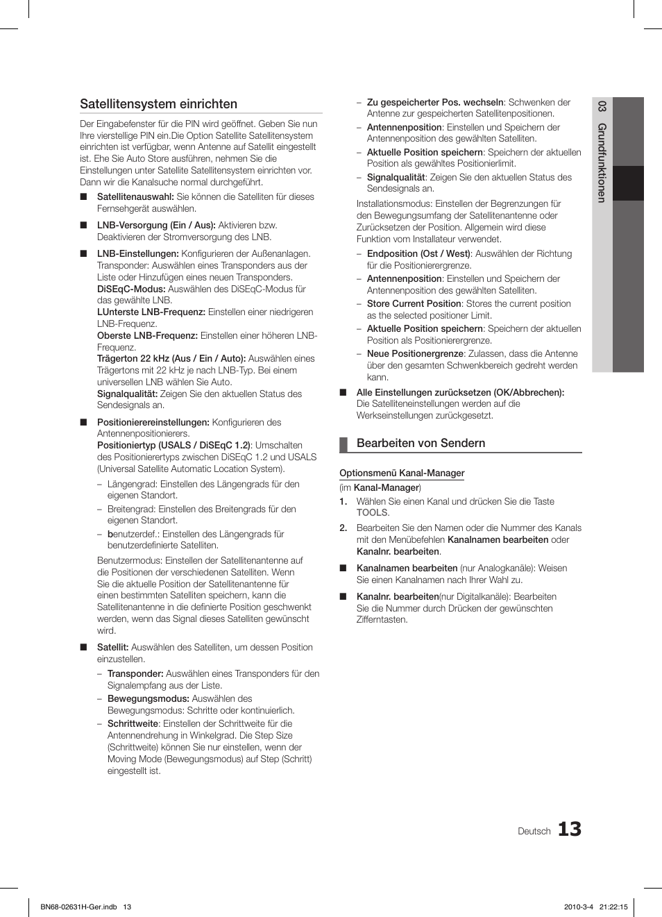 Satellitensystem einrichten, Bearbeiten von sendern | Samsung LE40C670M1Q User Manual | Page 122 / 164