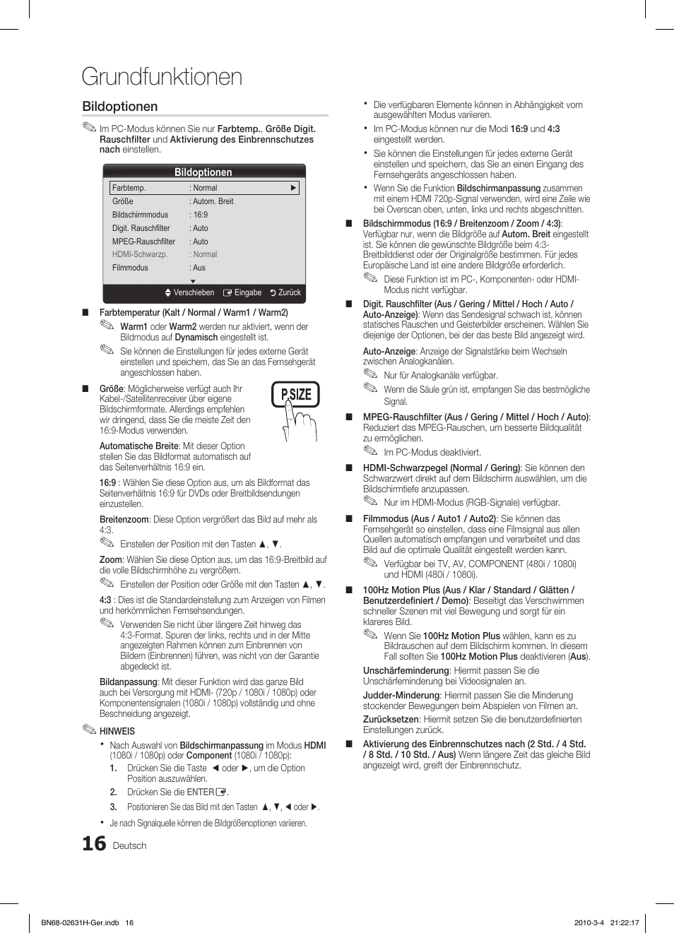 Grundfunktionen, Ⱥ - ȼ, Bildoptionen | Samsung LE40C670M1Q User Manual | Page 125 / 164