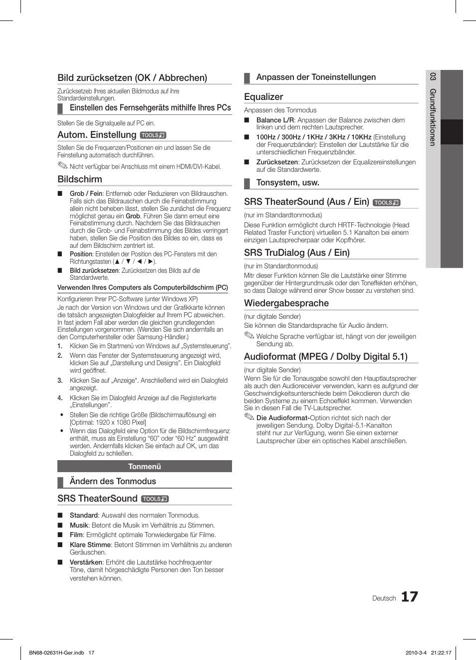 Bild zurücksetzen (ok / abbrechen), Autom. einstellung, Bildschirm | Srs theatersound, Equalizer, Srs theatersound (aus / ein), Srs trudialog (aus / ein), Wiedergabesprache, Audioformat (mpeg / dolby digital 5.1) | Samsung LE40C670M1Q User Manual | Page 126 / 164