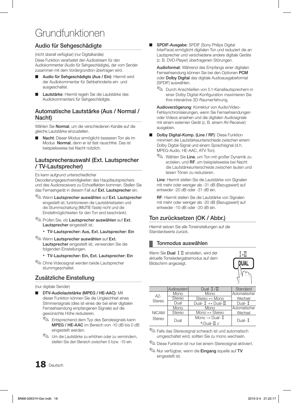 Grundfunktionen, Ⱥ - ȼ, Audio für sehgeschädigte | Automatische lautstärke (aus / normal / nacht), Zusätzliche einstellung, Ton zurücksetzen (ok / abbr.) | Samsung LE40C670M1Q User Manual | Page 127 / 164