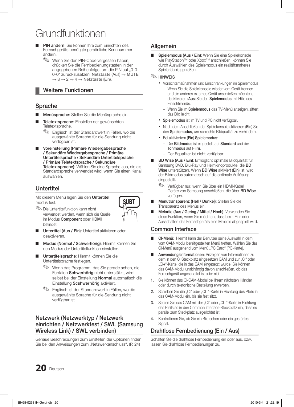 Grundfunktionen, Ⱥ - ȼ, Weitere funktionen ¦ sprache | Untertitel, Allgemein, Common interface, Drahtlose fernbedienung (ein / aus) | Samsung LE40C670M1Q User Manual | Page 129 / 164