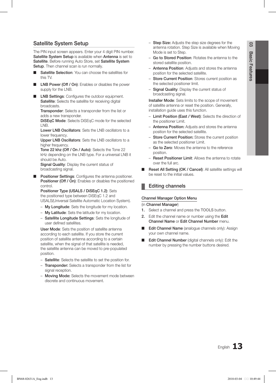 Satellite system setup, Editing channels | Samsung LE40C670M1Q User Manual | Page 13 / 164