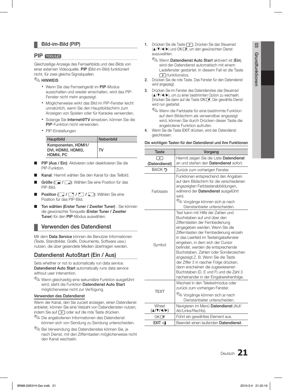 Verwenden des datendienst, Datendienst autostart (ein / aus) | Samsung LE40C670M1Q User Manual | Page 130 / 164