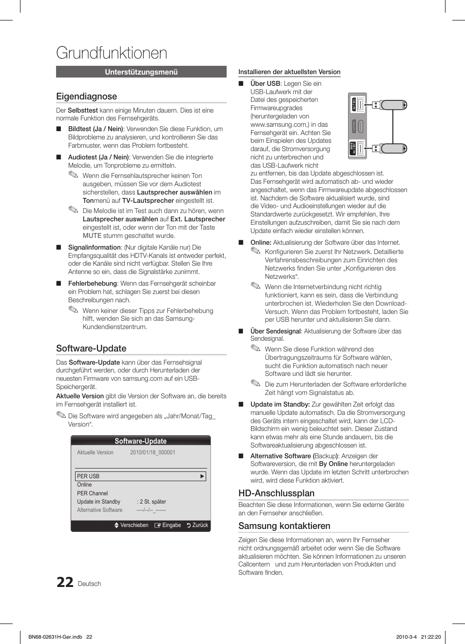Grundfunktionen, Eigendiagnose, Software-update | Hd-anschlussplan, Samsung kontaktieren | Samsung LE40C670M1Q User Manual | Page 131 / 164