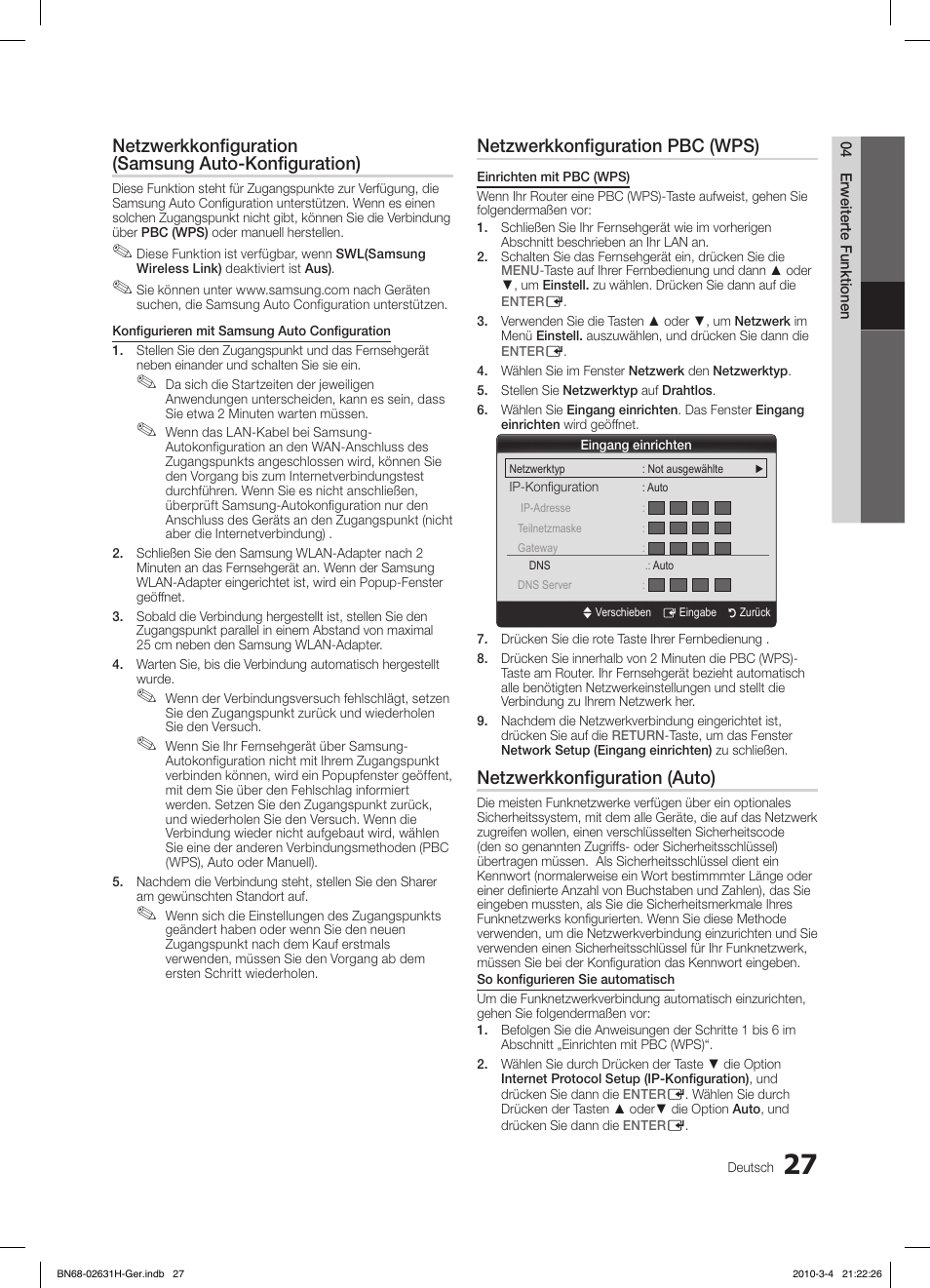 Netzwerkkonfiguration (samsung auto-konfiguration), Netzwerkkonfiguration pbc (wps), Netzwerkkonfiguration (auto) | Samsung LE40C670M1Q User Manual | Page 136 / 164
