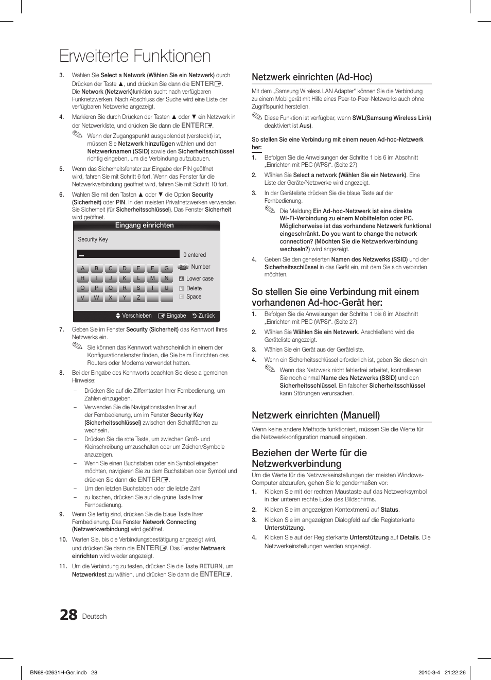 Erweiterte funktionen, Netzwerk einrichten (ad-hoc), Netzwerk einrichten (manuell) | Beziehen der werte für die netzwerkverbindung | Samsung LE40C670M1Q User Manual | Page 137 / 164