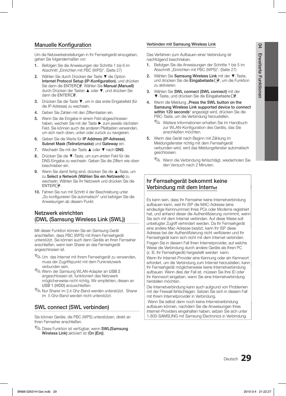 Manuelle konfiguration, Swl connect (swl verbinden) | Samsung LE40C670M1Q User Manual | Page 138 / 164