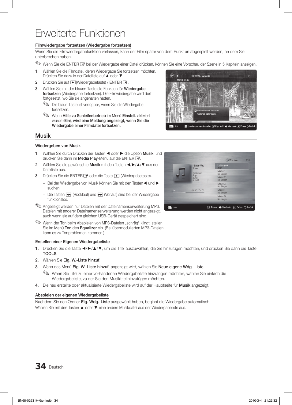 Erweiterte funktionen, Musik | Samsung LE40C670M1Q User Manual | Page 143 / 164