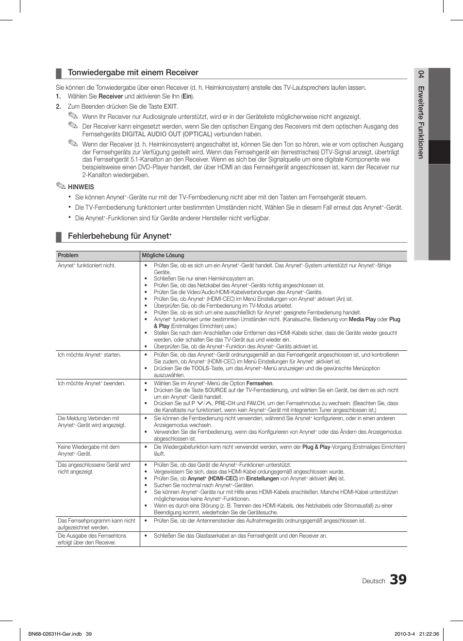 Tonwiedergabe mit einem receiver, Fehlerbehebung für anynet | Samsung LE40C670M1Q User Manual | Page 148 / 164