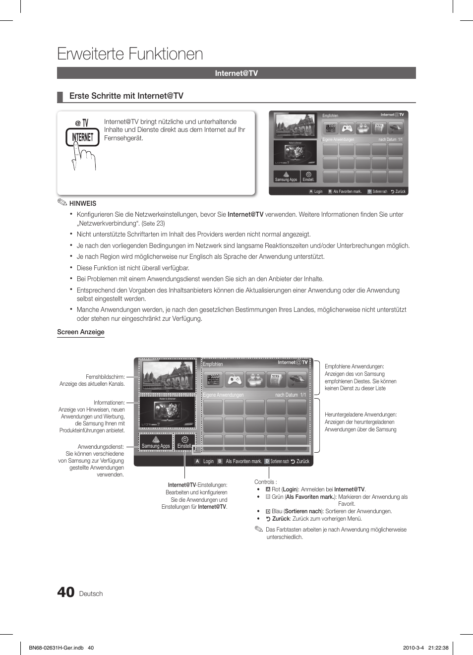 Erweiterte funktionen, Erste schritte mit internet@tv | Samsung LE40C670M1Q User Manual | Page 149 / 164
