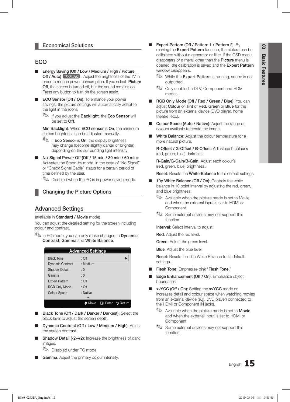 Advanced settings | Samsung LE40C670M1Q User Manual | Page 15 / 164