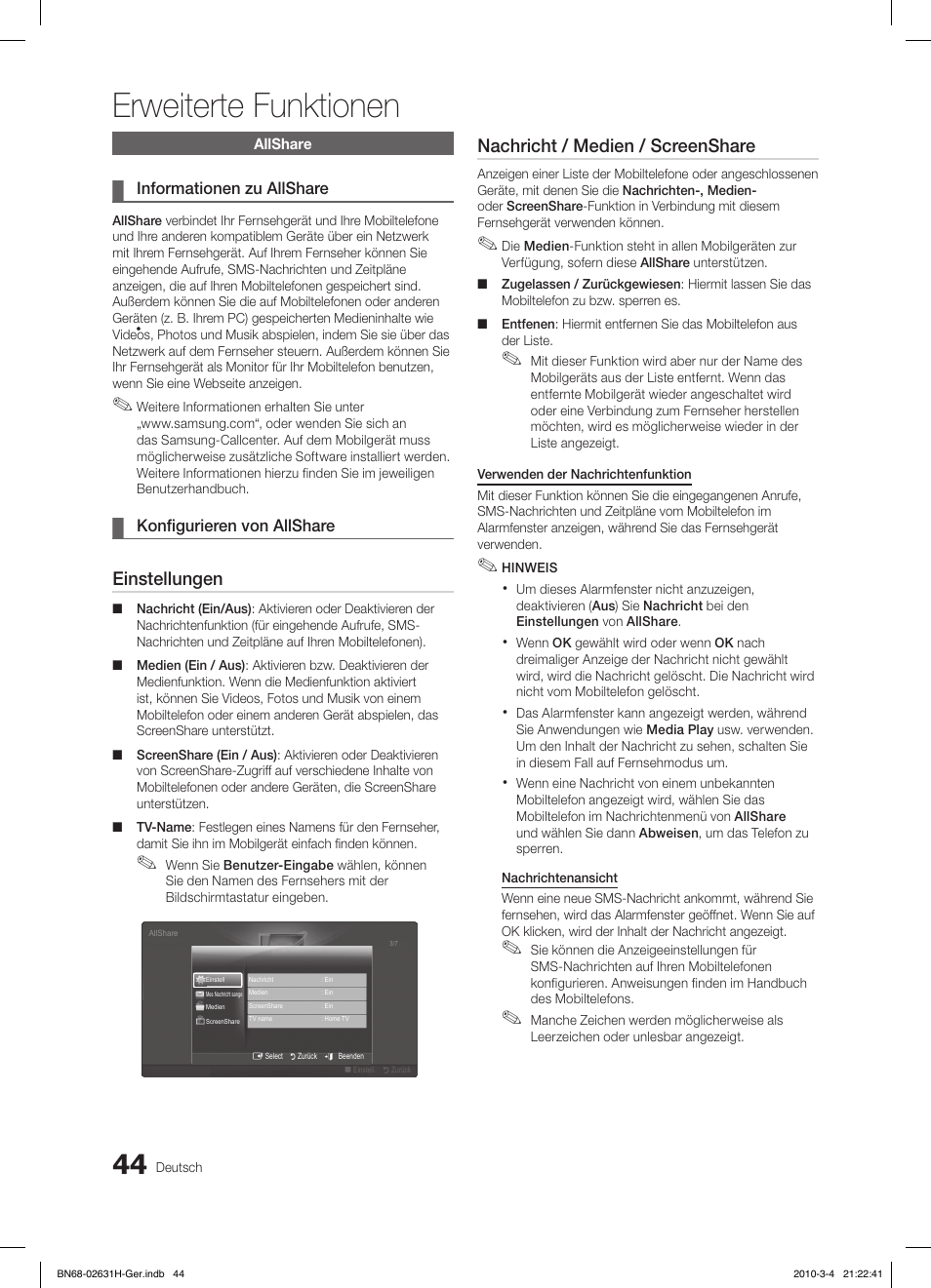 Erweiterte funktionen, Einstellungen, Nachricht / medien / screenshare | Samsung LE40C670M1Q User Manual | Page 153 / 164