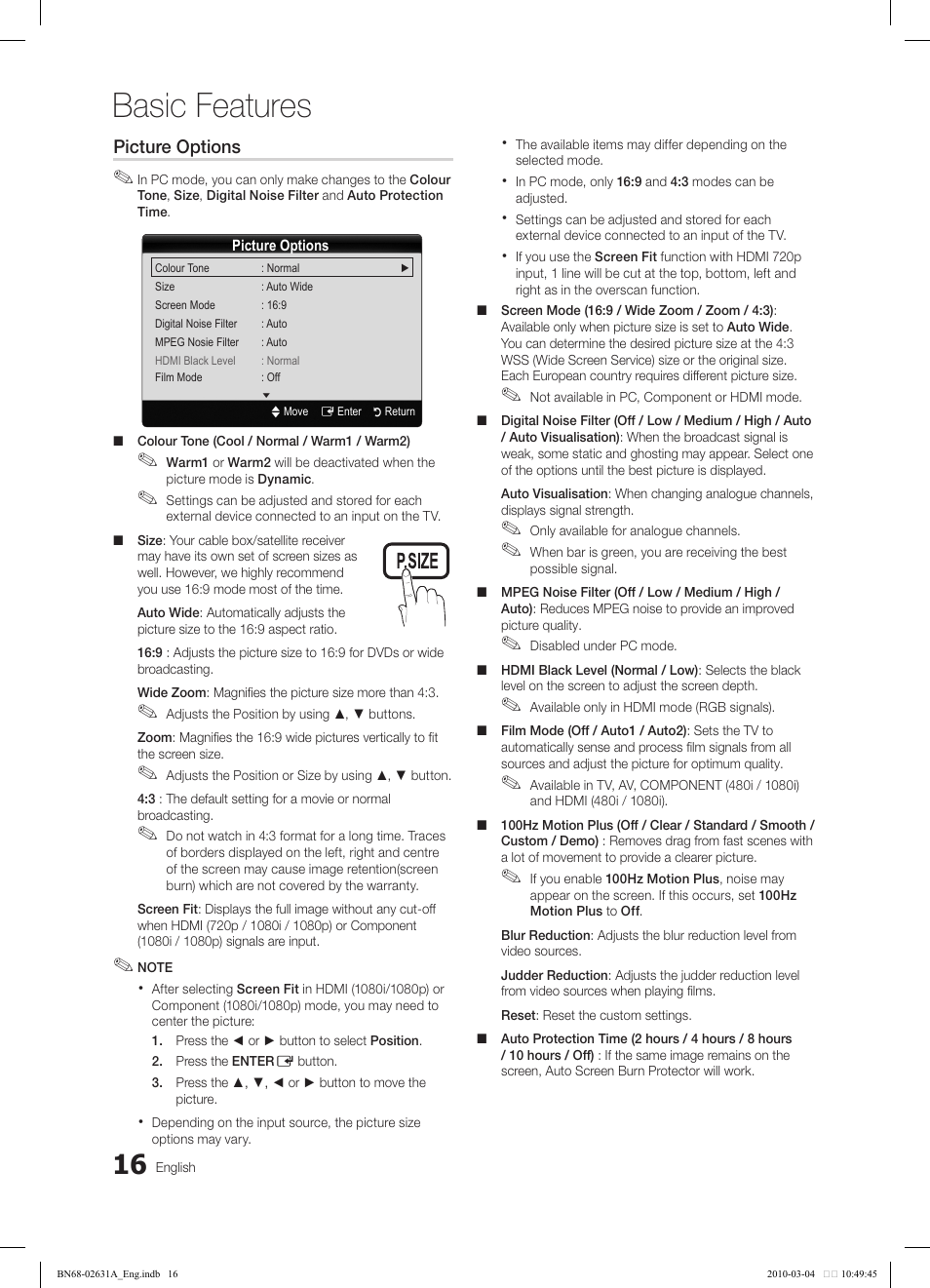 Basic features, Ⱥ - ȼ, Picture options | Samsung LE40C670M1Q User Manual | Page 16 / 164