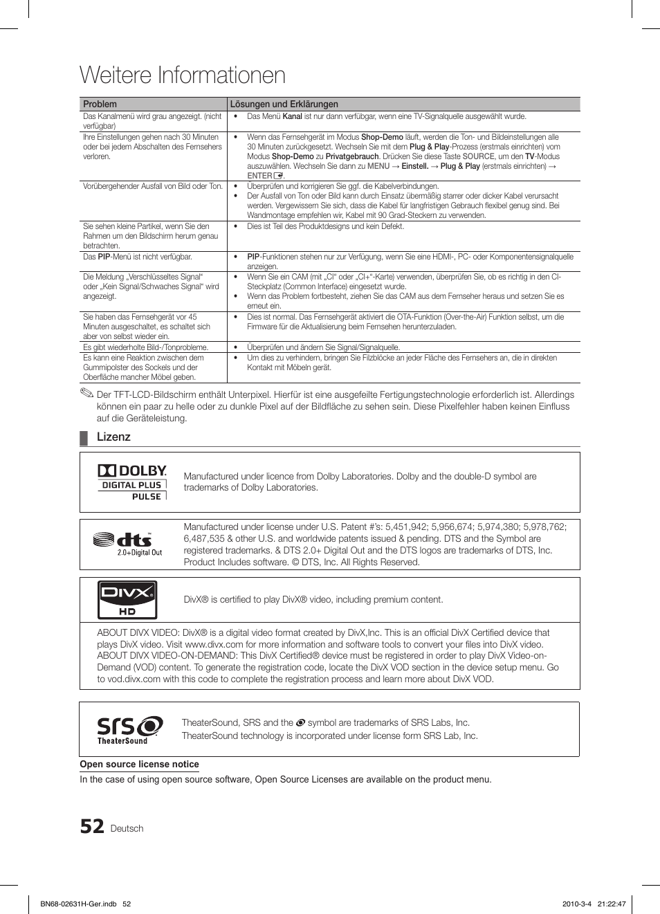 Weitere informationen, Lizenz | Samsung LE40C670M1Q User Manual | Page 161 / 164