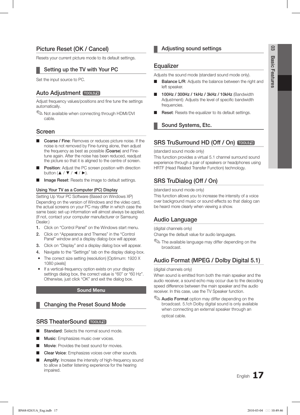 Picture reset (ok / cancel), Auto adjustment, Screen | Srs theatersound, Equalizer, Srs trusurround hd (off / on), Srs trudialog (off / on), Audio language, Audio format (mpeg / dolby digital 5.1) | Samsung LE40C670M1Q User Manual | Page 17 / 164
