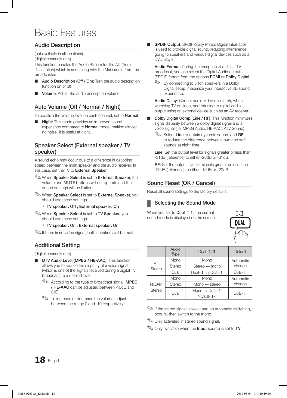 Basic features, Ⱥ - ȼ, Audio description | Auto volume (off / normal / night), Speaker select (external speaker / tv speaker), Additional setting, Sound reset (ok / cancel) | Samsung LE40C670M1Q User Manual | Page 18 / 164