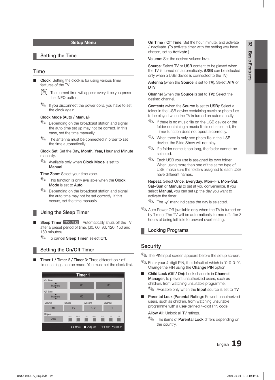 Time, Security | Samsung LE40C670M1Q User Manual | Page 19 / 164