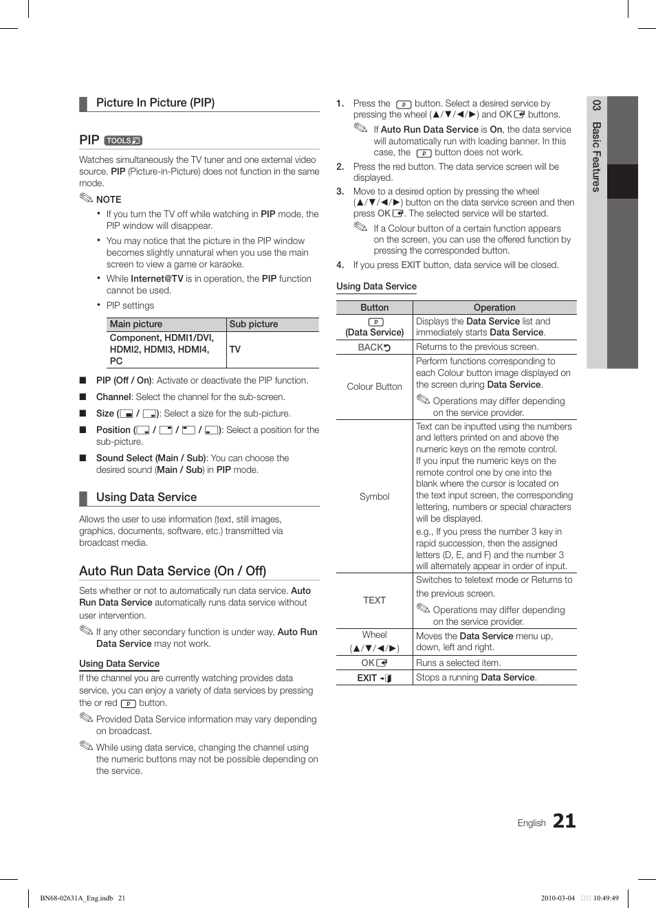 Auto run data service (on / off) | Samsung LE40C670M1Q User Manual | Page 21 / 164