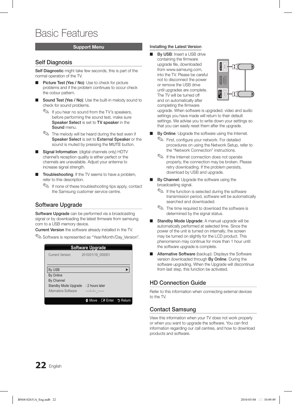 Basic features, Self diagnosis, Software upgrade | Hd connection guide, Contact samsung | Samsung LE40C670M1Q User Manual | Page 22 / 164