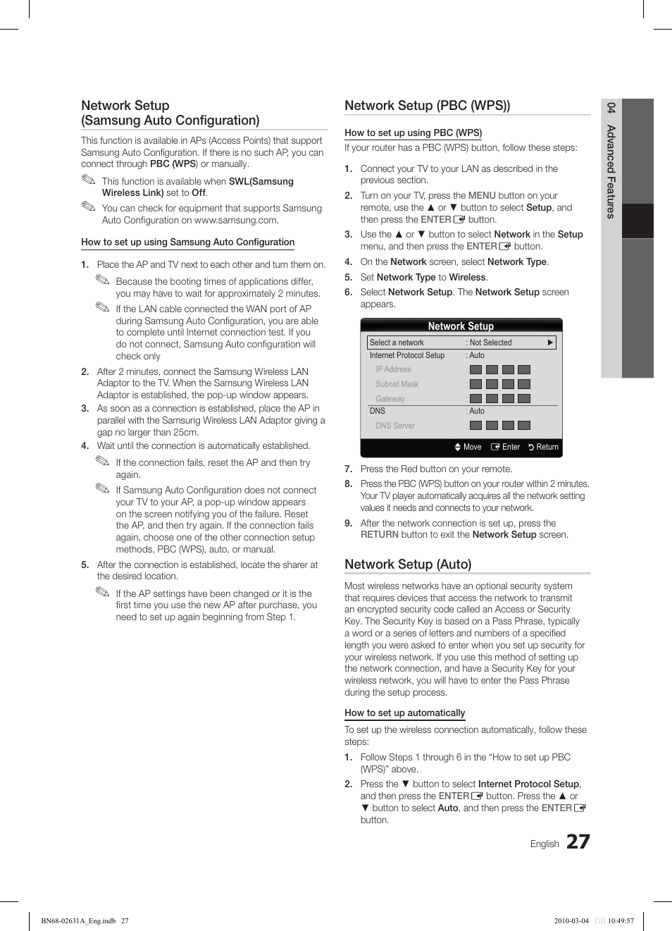 Network setup (samsung auto configuration), Network setup (pbc (wps)), Network setup (auto) | Samsung LE40C670M1Q User Manual | Page 27 / 164