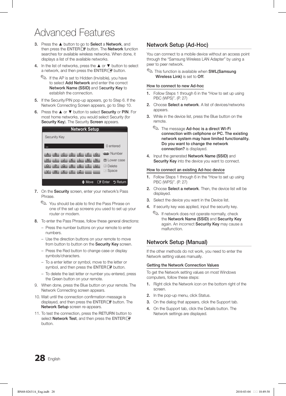 Advanced features, Network setup (ad-hoc), Network setup (manual) | Samsung LE40C670M1Q User Manual | Page 28 / 164