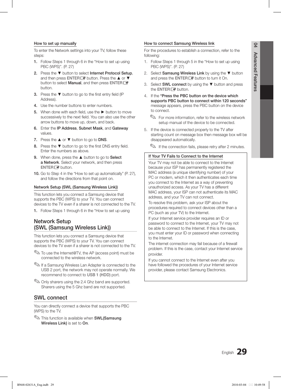 Network setup (swl (samsung wireless link)), Swl connect | Samsung LE40C670M1Q User Manual | Page 29 / 164