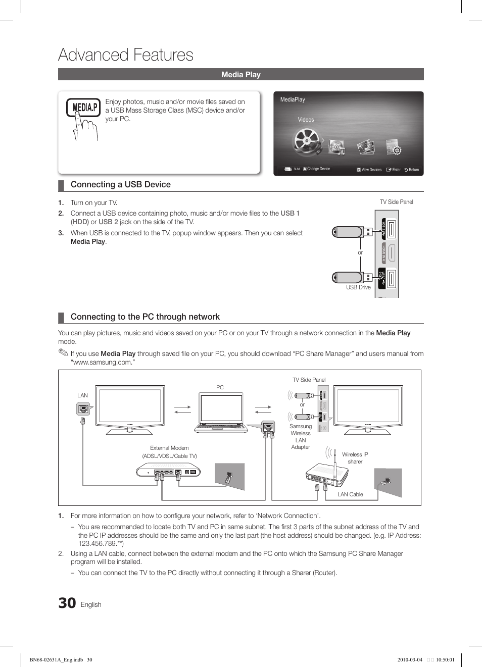 Advanced features, Connecting a ¦ usb device, Connecting to the pc through network | Samsung LE40C670M1Q User Manual | Page 30 / 164