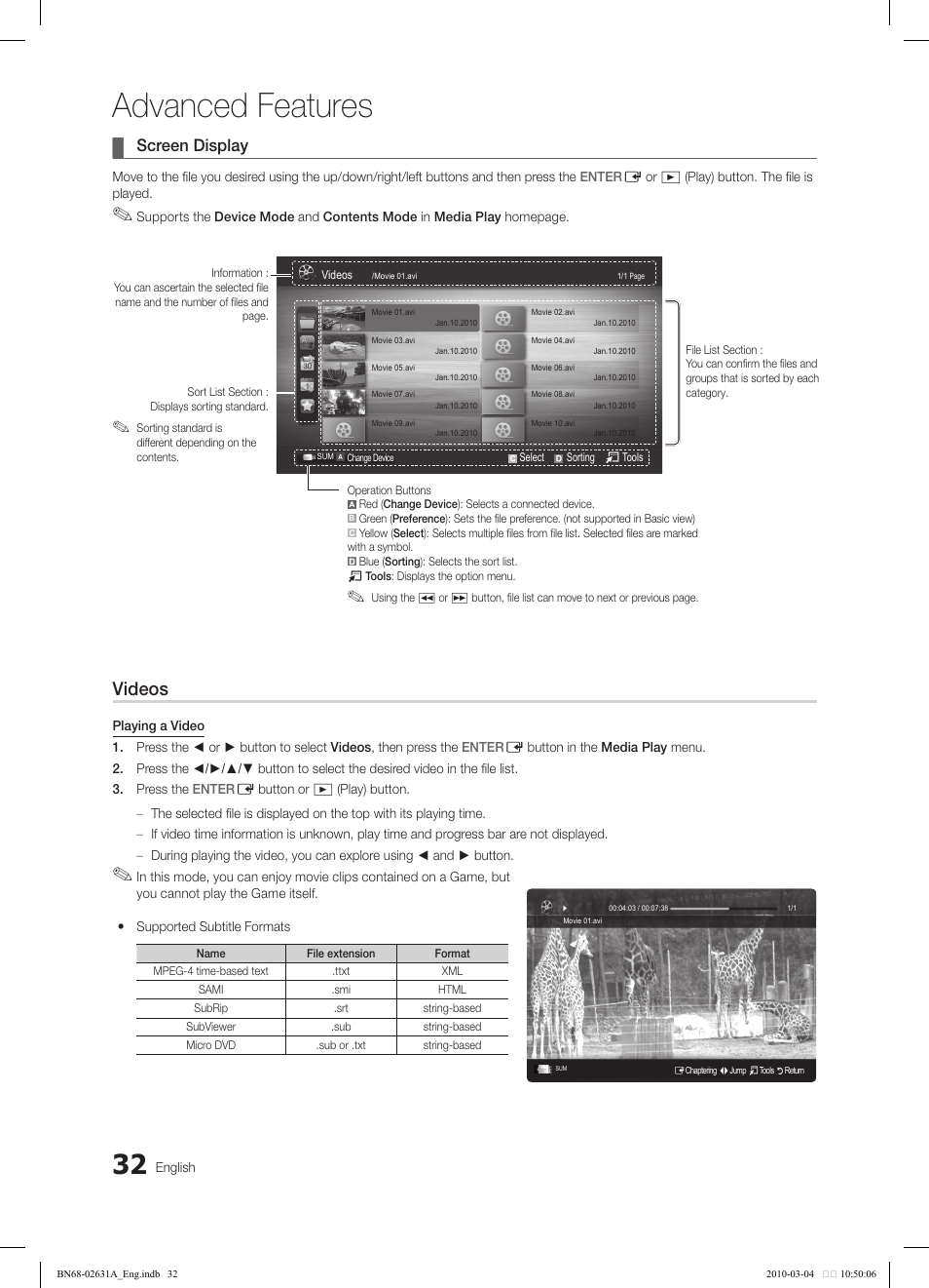 Advanced features, Videos, Screen display | Samsung LE40C670M1Q User Manual | Page 32 / 164