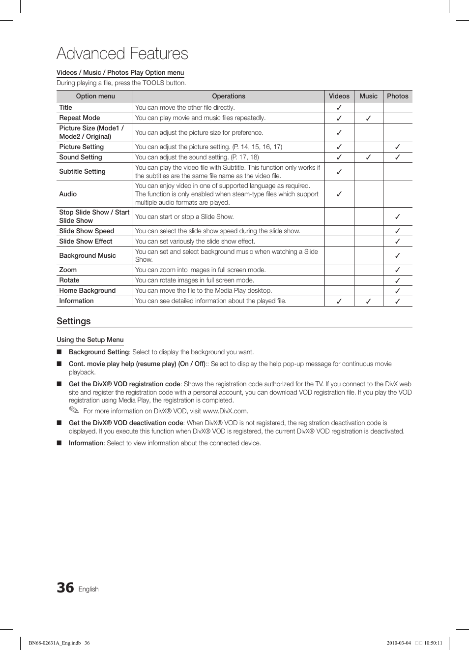 Advanced features, Settings | Samsung LE40C670M1Q User Manual | Page 36 / 164