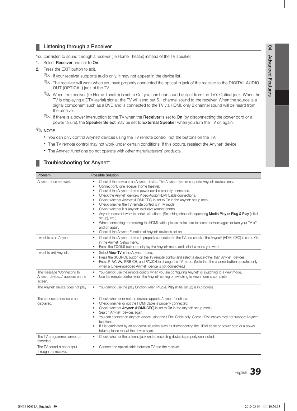 Listening through a receiver, Troubleshooting for anynet | Samsung LE40C670M1Q User Manual | Page 39 / 164