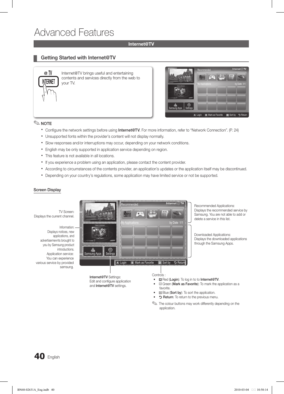Advanced features, Getting started with internet@tv | Samsung LE40C670M1Q User Manual | Page 40 / 164