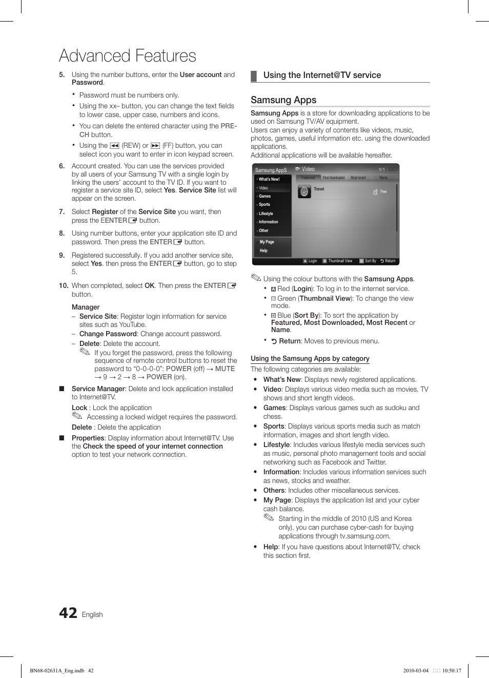 Advanced features, Samsung apps | Samsung LE40C670M1Q User Manual | Page 42 / 164