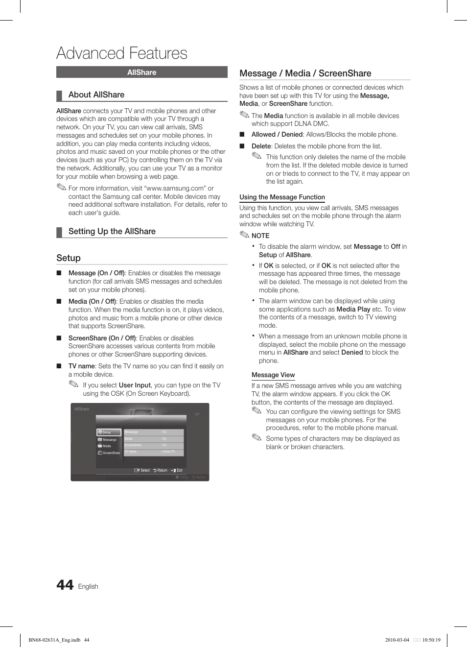 Advanced features, Setup, Message / media / screenshare | Samsung LE40C670M1Q User Manual | Page 44 / 164