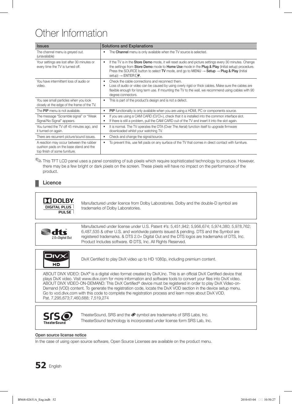 Other information, Licence | Samsung LE40C670M1Q User Manual | Page 52 / 164