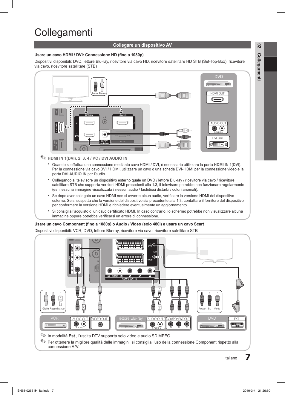 Collegamenti, 02 collegamenti, Collegare un dispositivo av | Italiano, Connessione a/v, Vcr lettore blu-ray dvd, Lettore blu-ray dvd vcr | Samsung LE40C670M1Q User Manual | Page 61 / 164