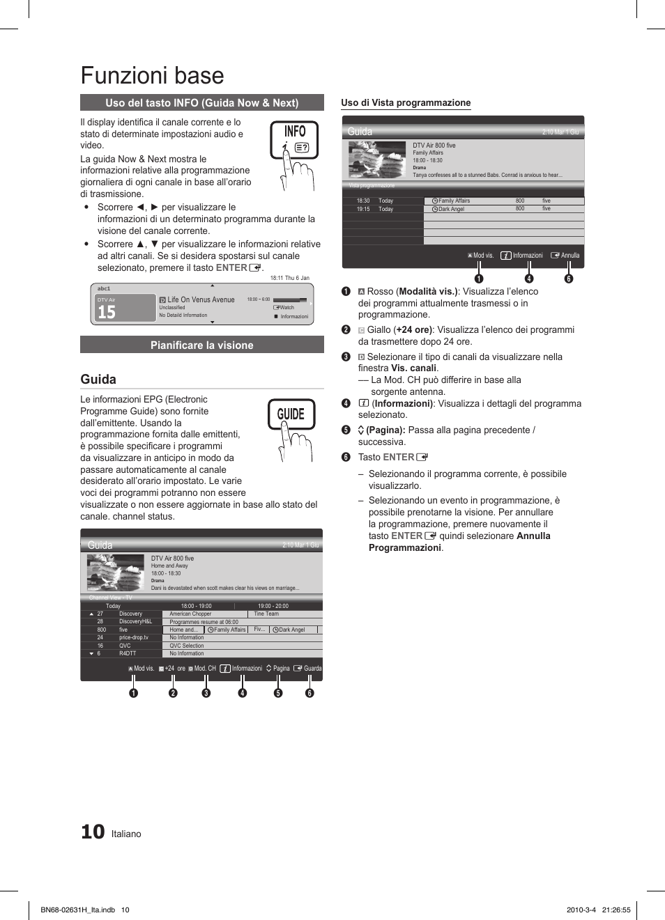 Funzioni base, Guida, Uso del tasto info (guida now & next) | Pianificare la visione, Power | Samsung LE40C670M1Q User Manual | Page 64 / 164