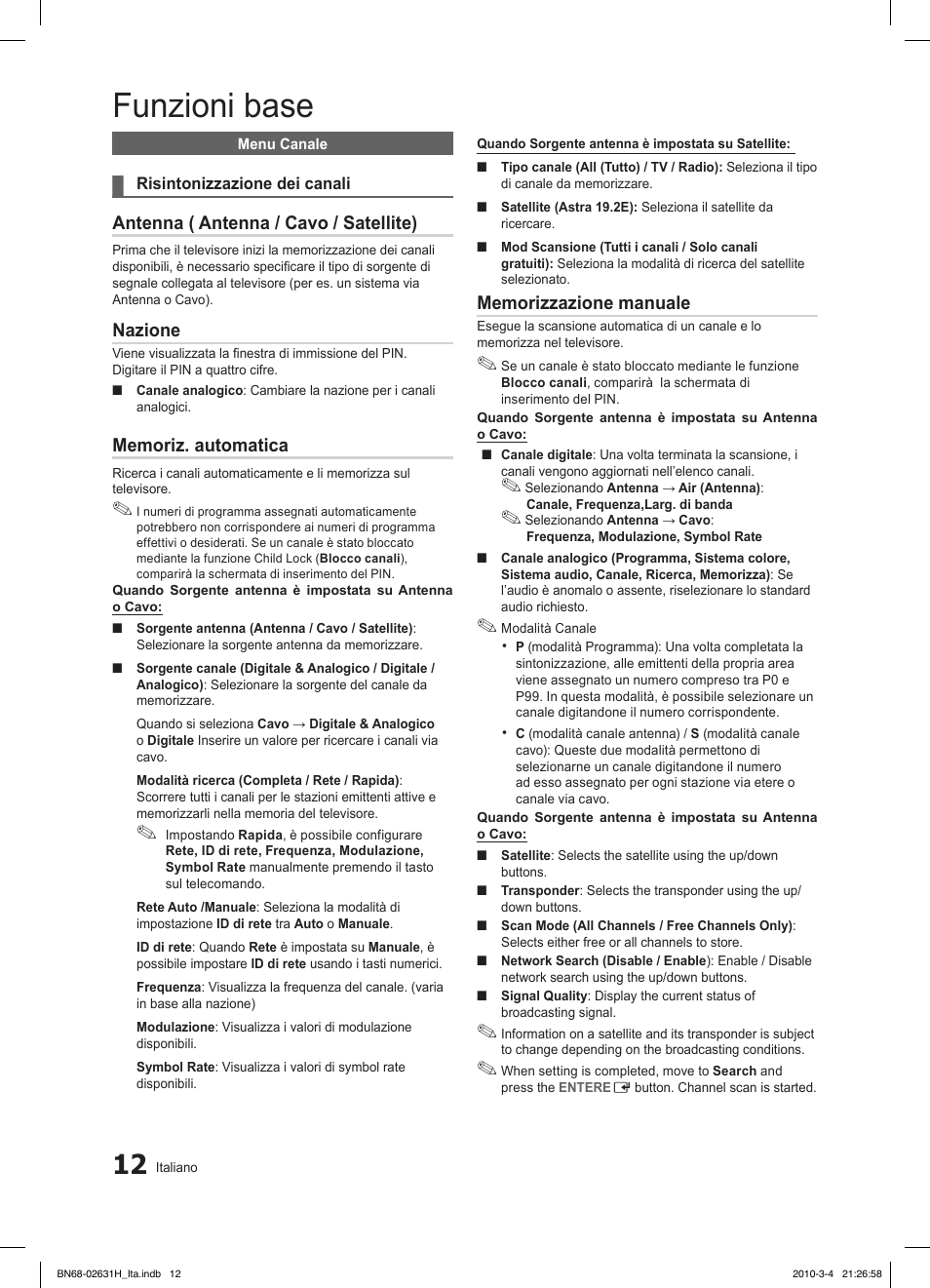 Funzioni base, Antenna ( antenna / cavo / satellite), Nazione | Samsung LE40C670M1Q User Manual | Page 66 / 164