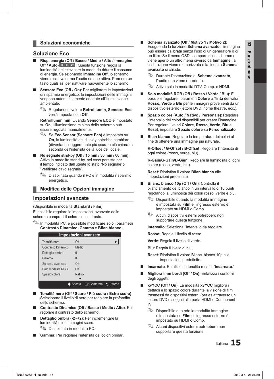 Soluzione eco, Impostazioni avanzate | Samsung LE40C670M1Q User Manual | Page 69 / 164