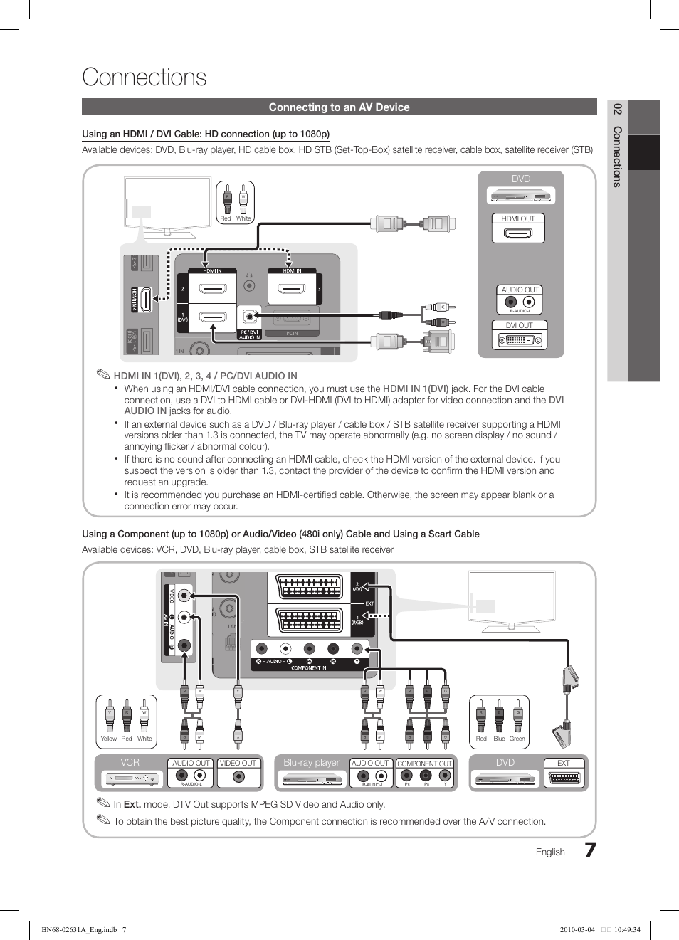 Connections, 02 connections, Connecting to an av device | English, Blu-ray player dvd vcr | Samsung LE40C670M1Q User Manual | Page 7 / 164