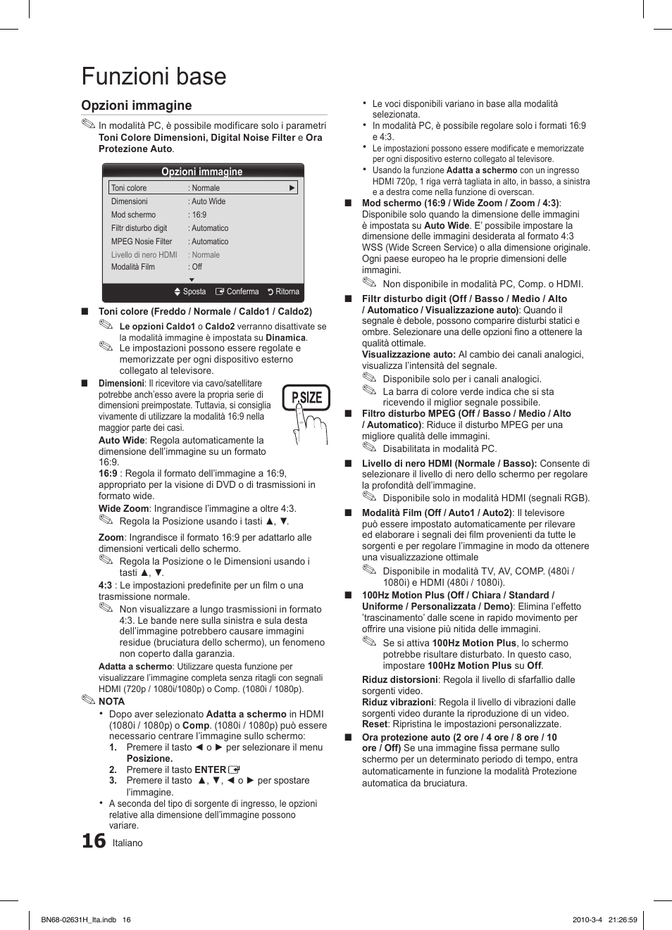 Funzioni base, Opzioni immagine | Samsung LE40C670M1Q User Manual | Page 70 / 164