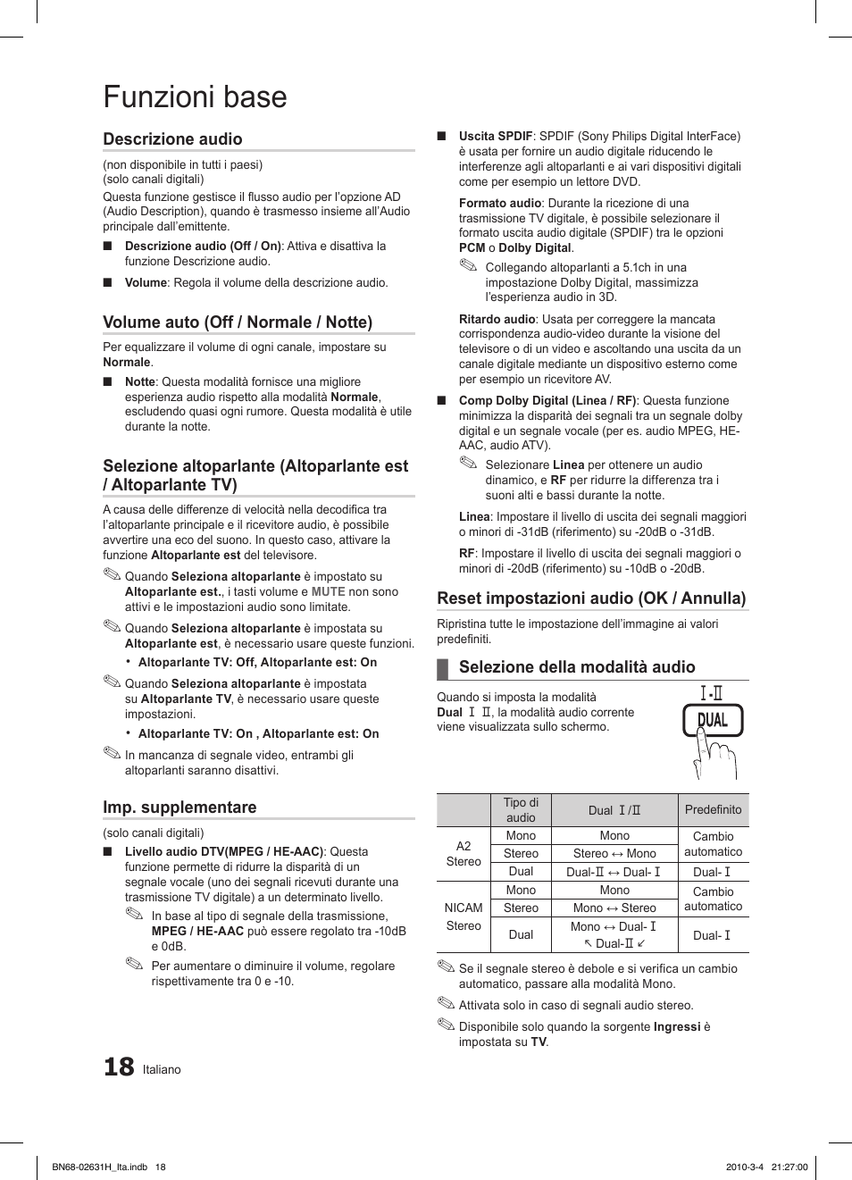 Funzioni base, Ⱥ - ȼ, Descrizione audio | Volume auto (off / normale / notte), Imp. supplementare, Reset impostazioni audio (ok / annulla), Selezione della modalità audio | Samsung LE40C670M1Q User Manual | Page 72 / 164