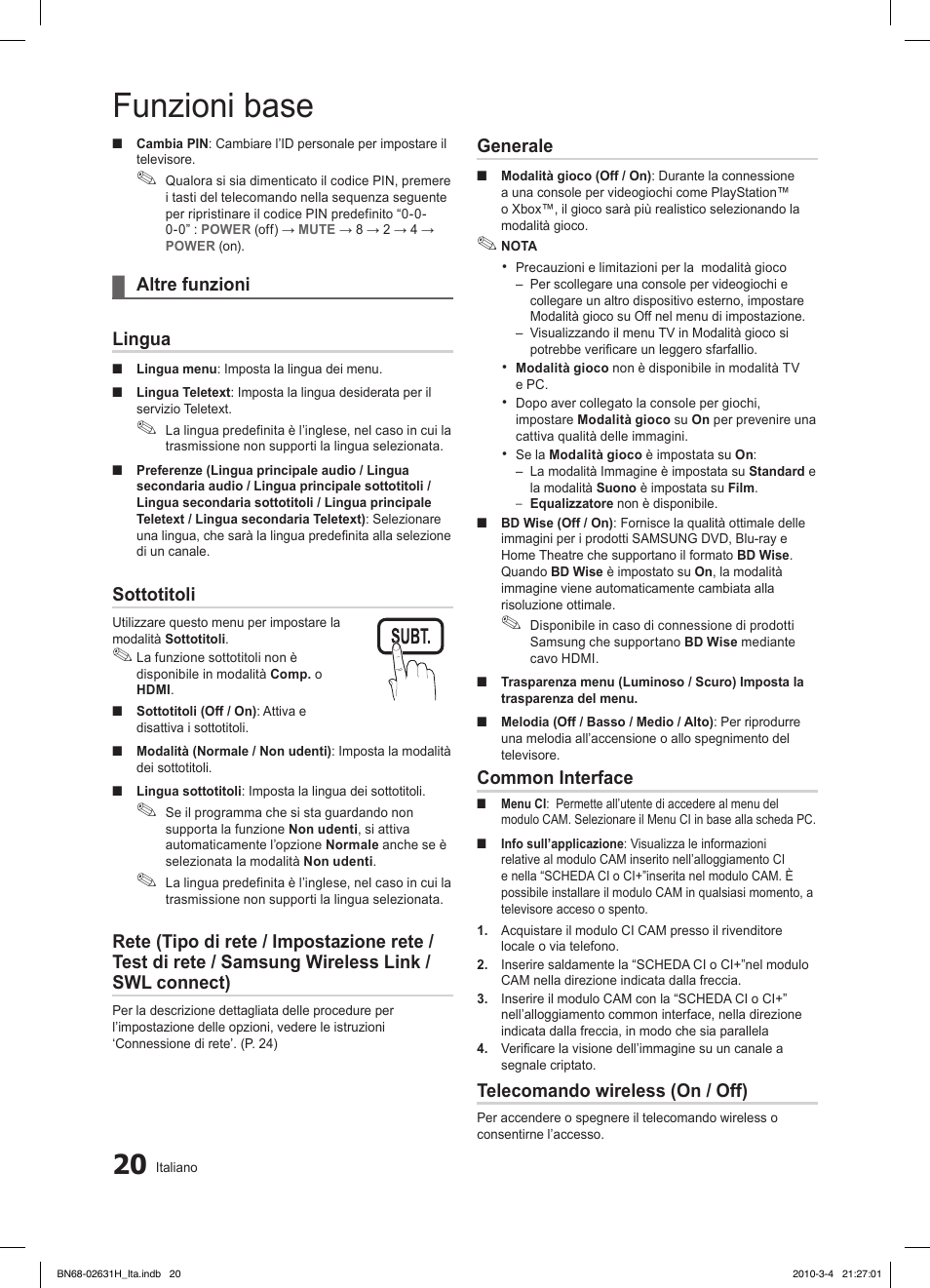 Funzioni base, Altre funzioni ¦ lingua, Sottotitoli | Generale, Common interface, Telecomando wireless (on / off) | Samsung LE40C670M1Q User Manual | Page 74 / 164