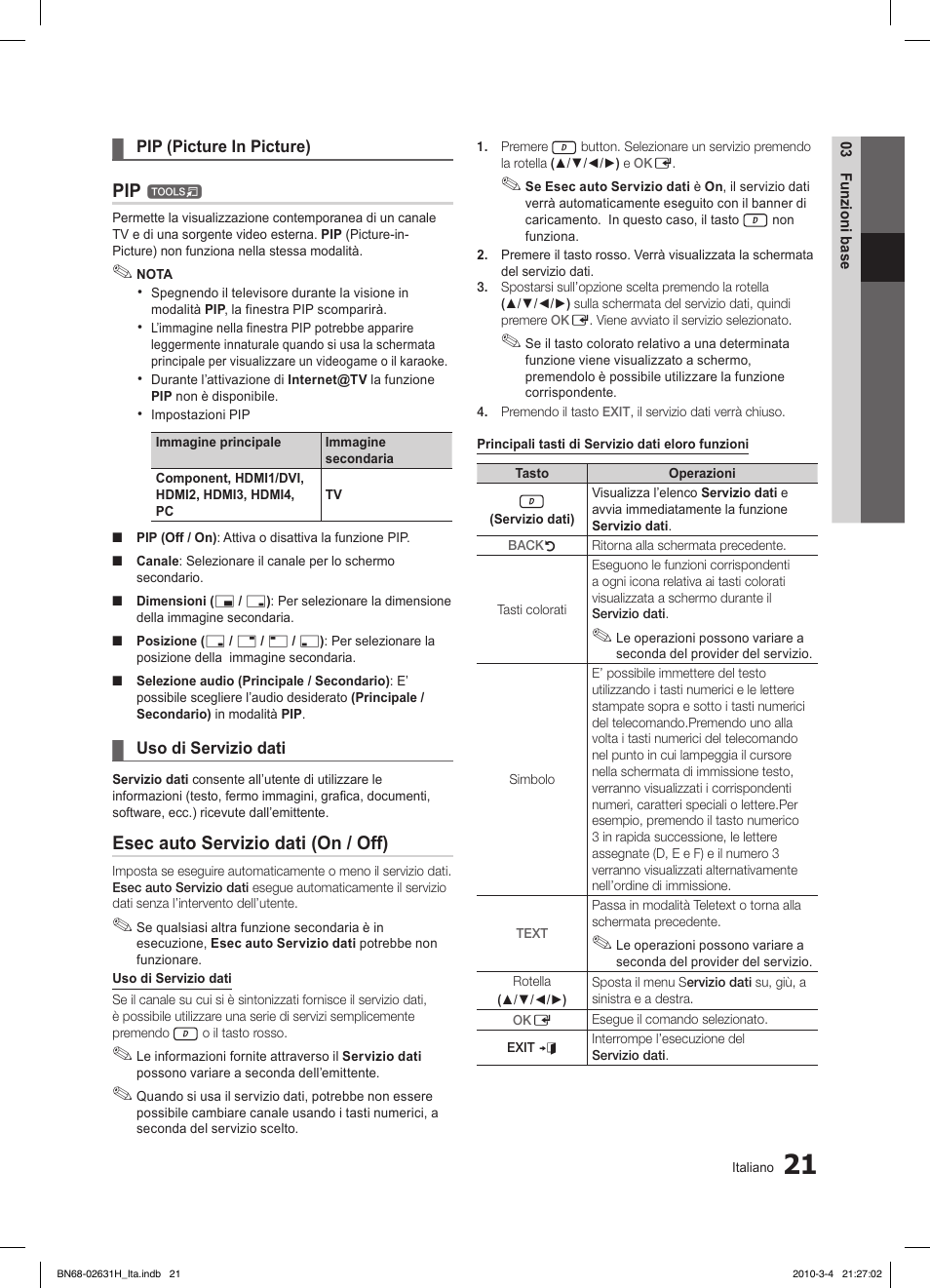 Esec auto servizio dati (on / off) | Samsung LE40C670M1Q User Manual | Page 75 / 164