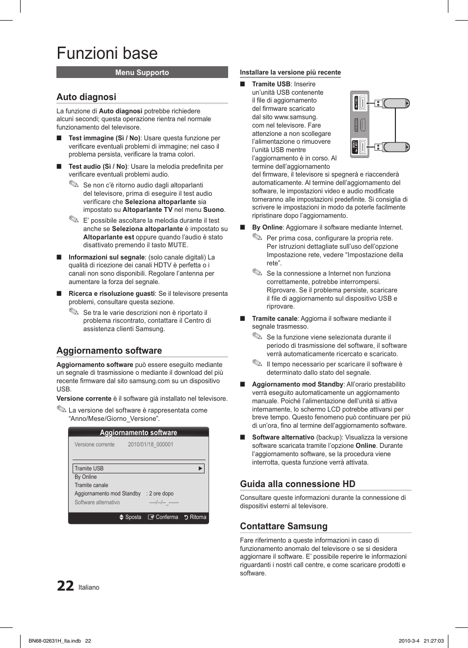 Funzioni base, Auto diagnosi, Aggiornamento software | Guida alla connessione hd, Contattare samsung | Samsung LE40C670M1Q User Manual | Page 76 / 164