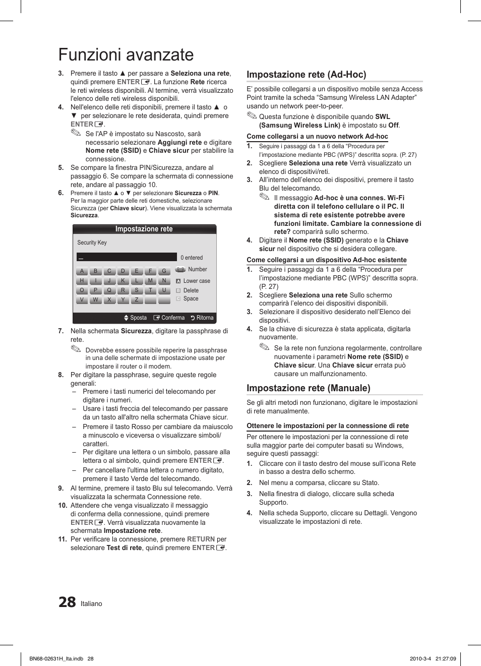 Funzioni avanzate, Impostazione rete (ad-hoc), Impostazione rete (manuale) | Samsung LE40C670M1Q User Manual | Page 82 / 164